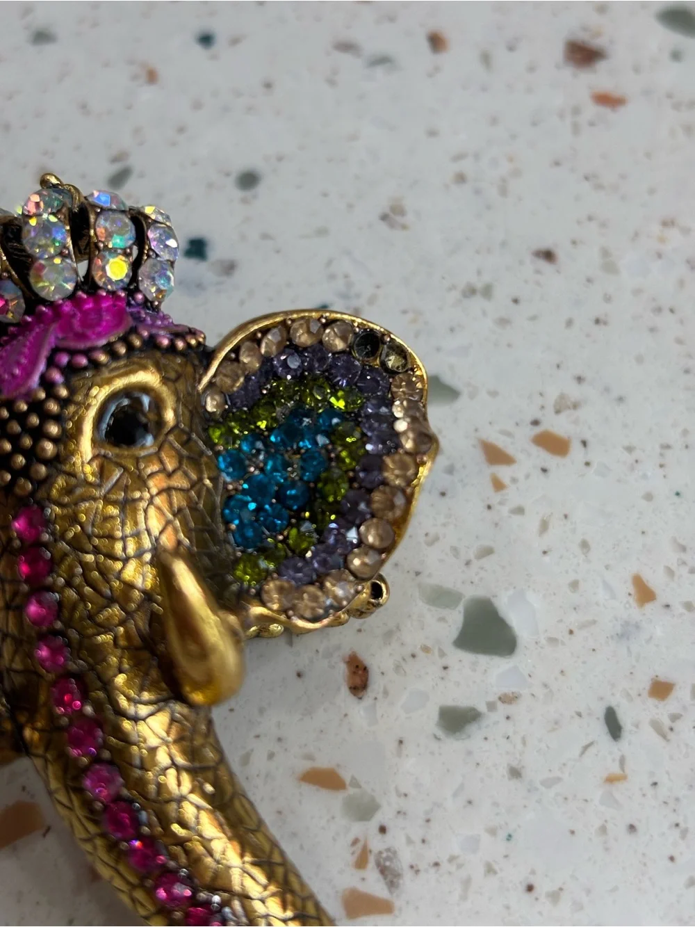 Chunky Large Jeweled Elephant Trunk Ring - Gold with Crystals Costume Jewelry